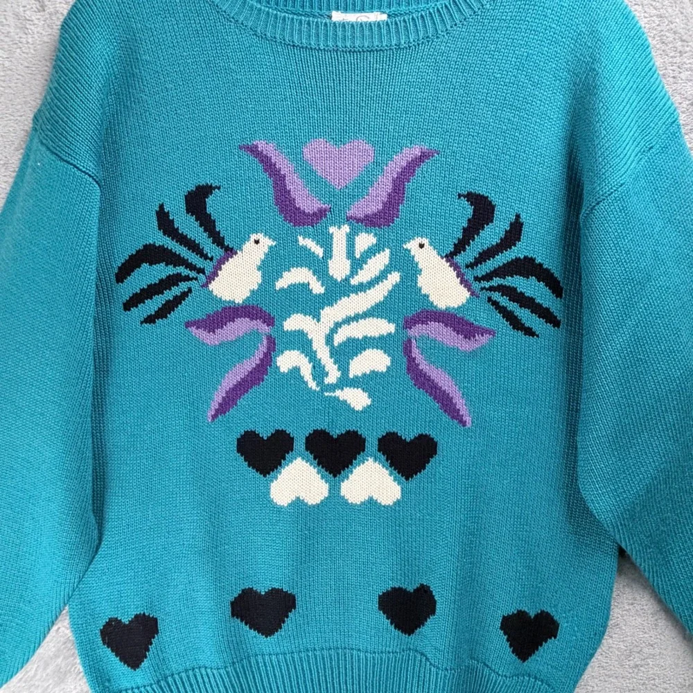 Tan Jay Lovebird Heart Novelty Knit Sweater Birds‎ Hearts Blue Womens Small